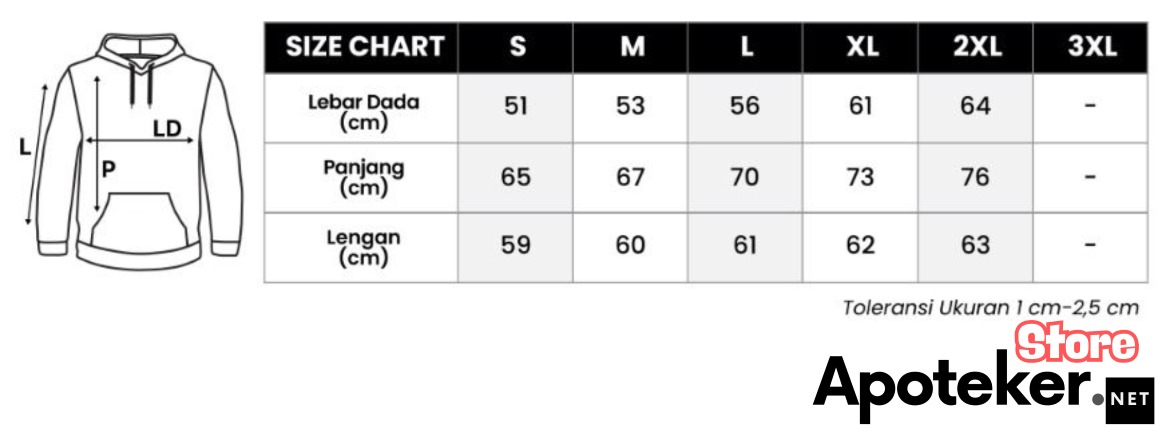 tabel ukuran jaket hoodie apotekernet